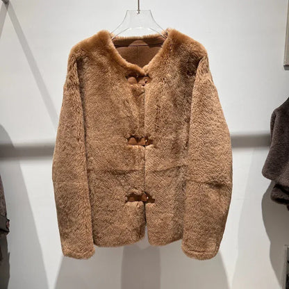 Women Leather Real Fur Coat Short Shearling Round Neck Jacket 2 M