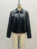 Black Glossy Faux Leather Cropped Jacket with Drawstring Hem for Women