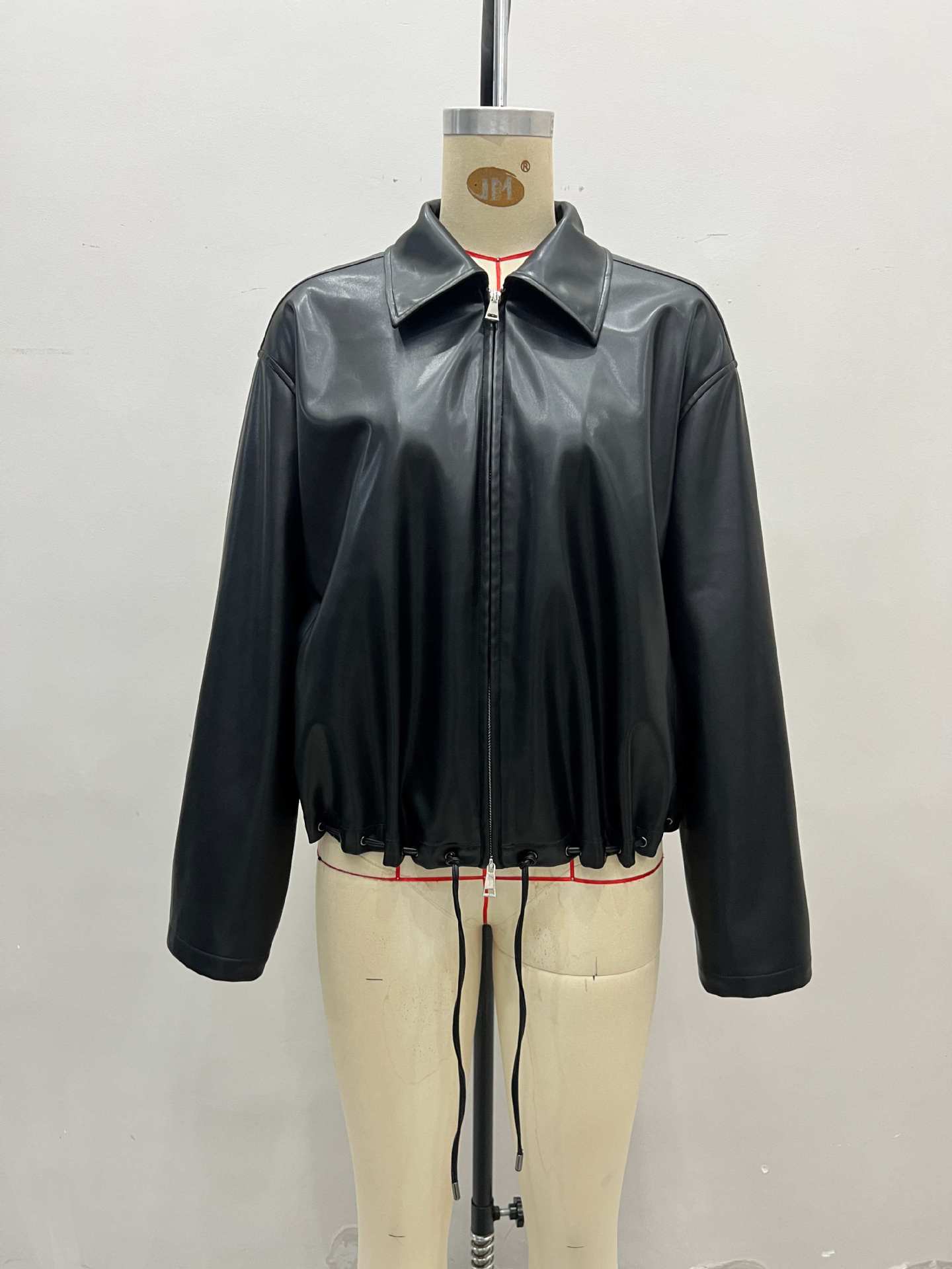 Black Glossy Faux Leather Cropped Jacket with Drawstring Hem for Women