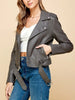 Women’s Grey PU Leather Cropped Motorcycle Jacket With Belt