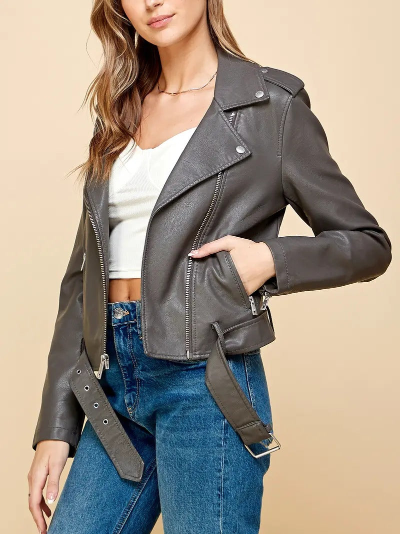 Women’s Grey PU Leather Cropped Motorcycle Jacket With Belt
