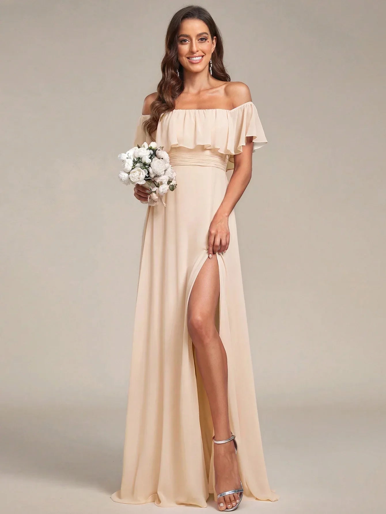 Bridesmaid off shoulder chiffon ruffle dress