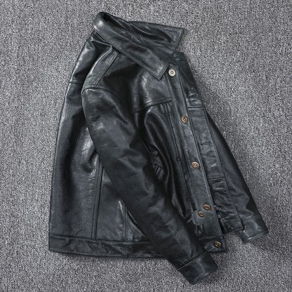 Black Leather Jacket Men Slim Fit Biker Oil Wax Vintage Style