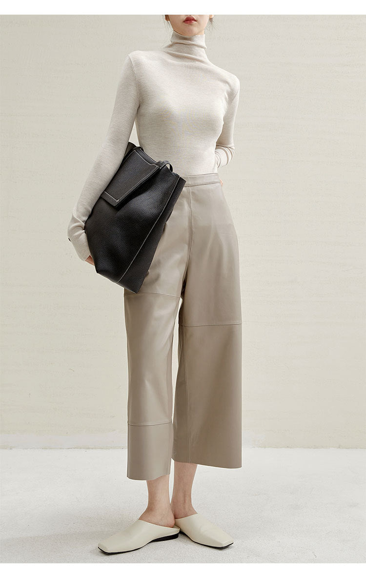 Irregular Cut Leather Wide Leg Pants for Women Cropped Straight Fit