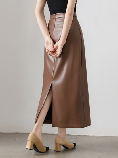 Brown PU Leather High Waist Midi Skirt with Back Slit