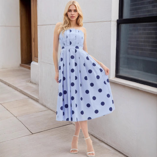 Women Polka Dot Strapless Midi Dress Summer