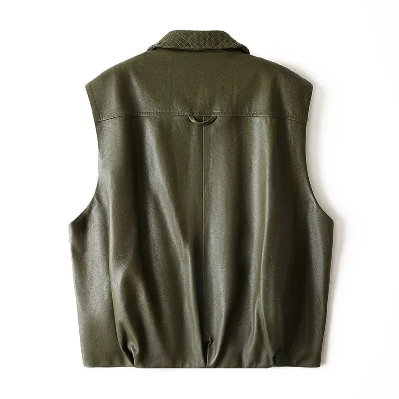 Women Genuine Leather Workwear Vest With Woven Collar