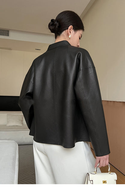 Women Leather Jacket Lychee Grain Belted Short Coat