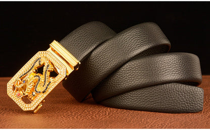 Men’s Cowhide Leather Belt with Rhinestone Dragon Buckle