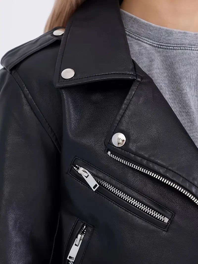 Women’s Cropped Motorcycle PU Leather Jacket