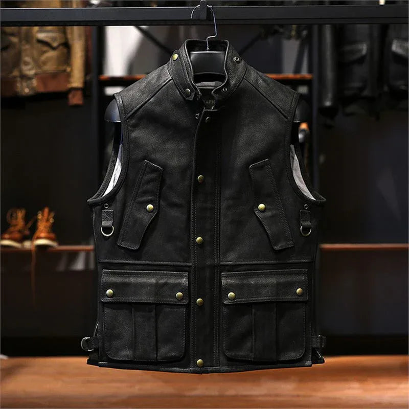 Men genuine cowhide biker leather vest 2 M