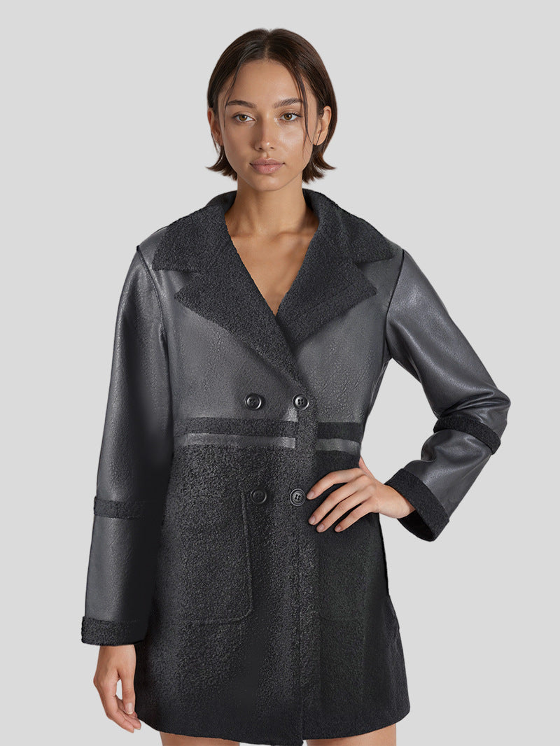 Women's Mid-Length Faux Leather Jacket with Shearling Trim