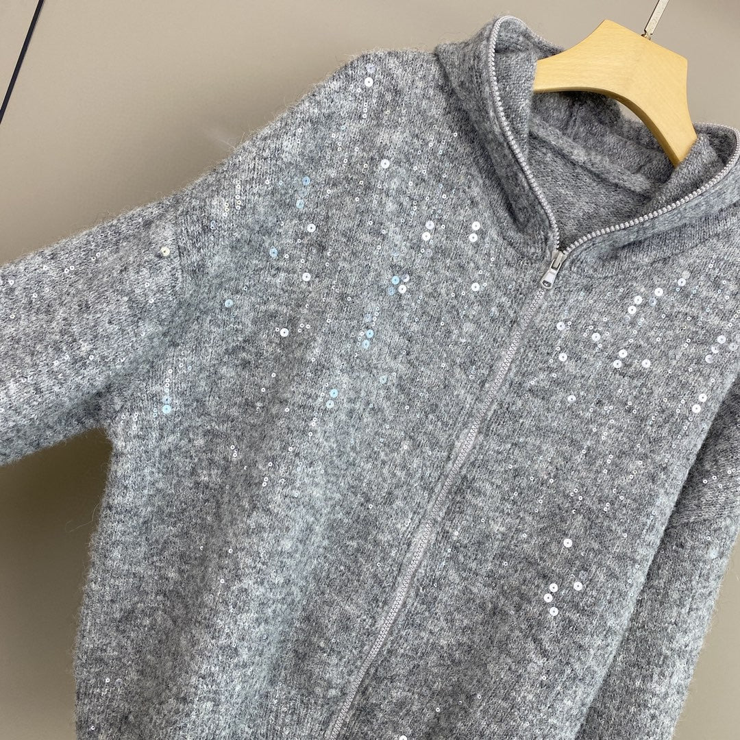 Women Mohair Cashmere Sequin Zip Cardigan Hoodie