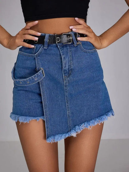 Asymmetrical denim mini skort with frayed hem
