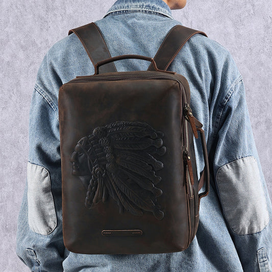 Genuine Leather Men’s Retro Crazy Horse Travel Backpack Laptop Bag