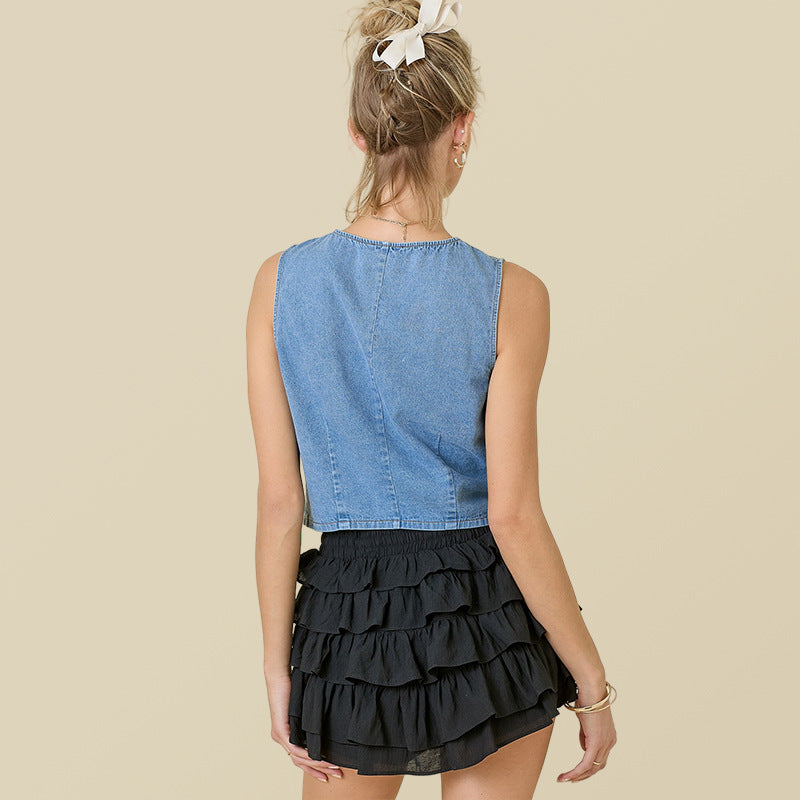 Denim Summer Top Women Sleeveless Front Open