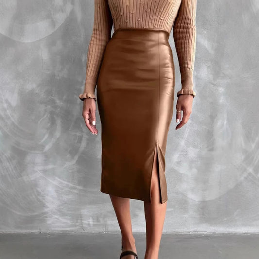 Imitation Leather Brown Long Skirt Slide Slit Hem