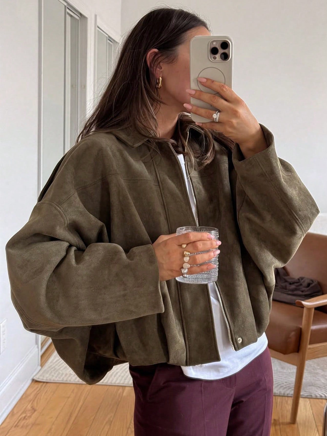 Women Faux Suede Textured Pilot Jacket Oversized