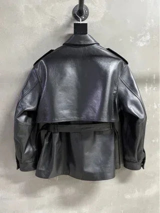 Moto Bomber Women Leather Jacket with Belted Waist