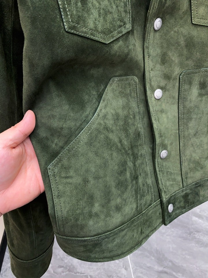 Men’s Dark Green Suede Trucker Jacket Matte Finish