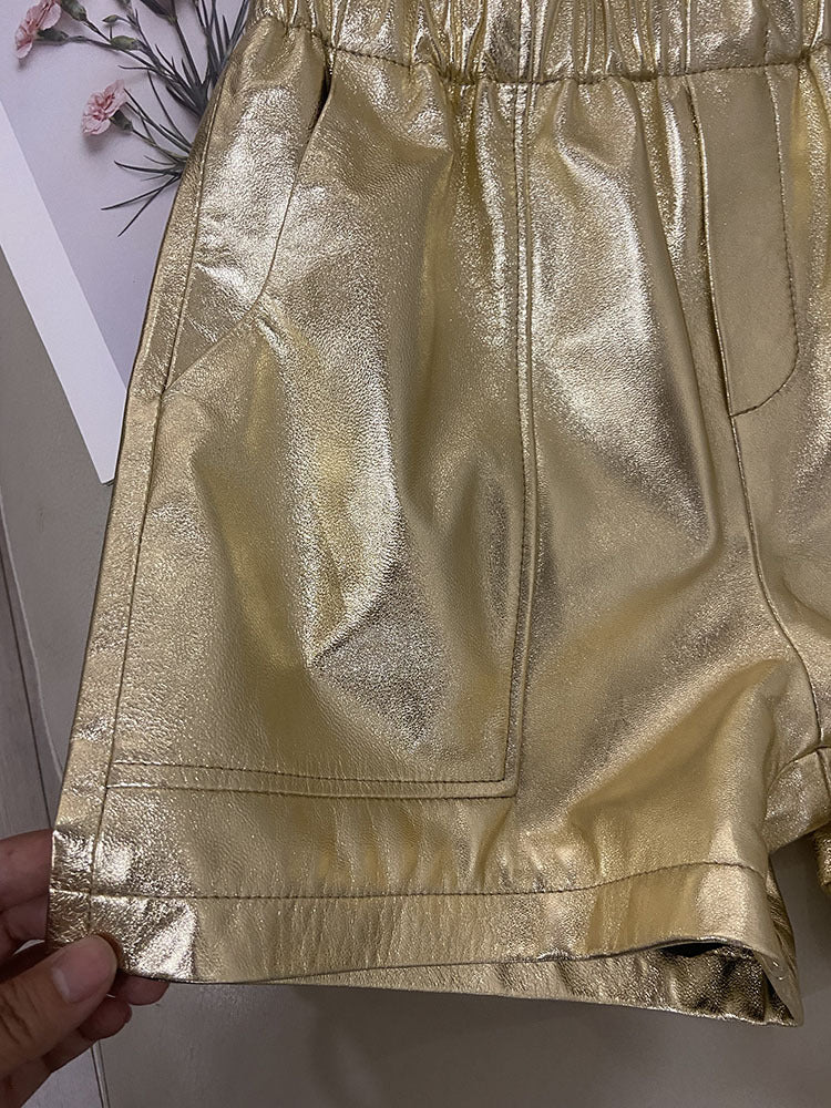 Gold High Waist Women Leather Shorts