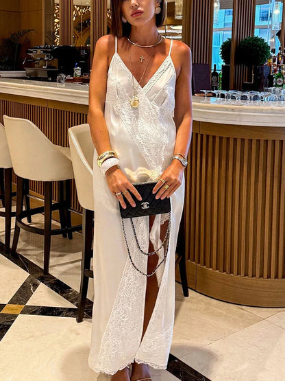 White satin lace camisole dress with side slit