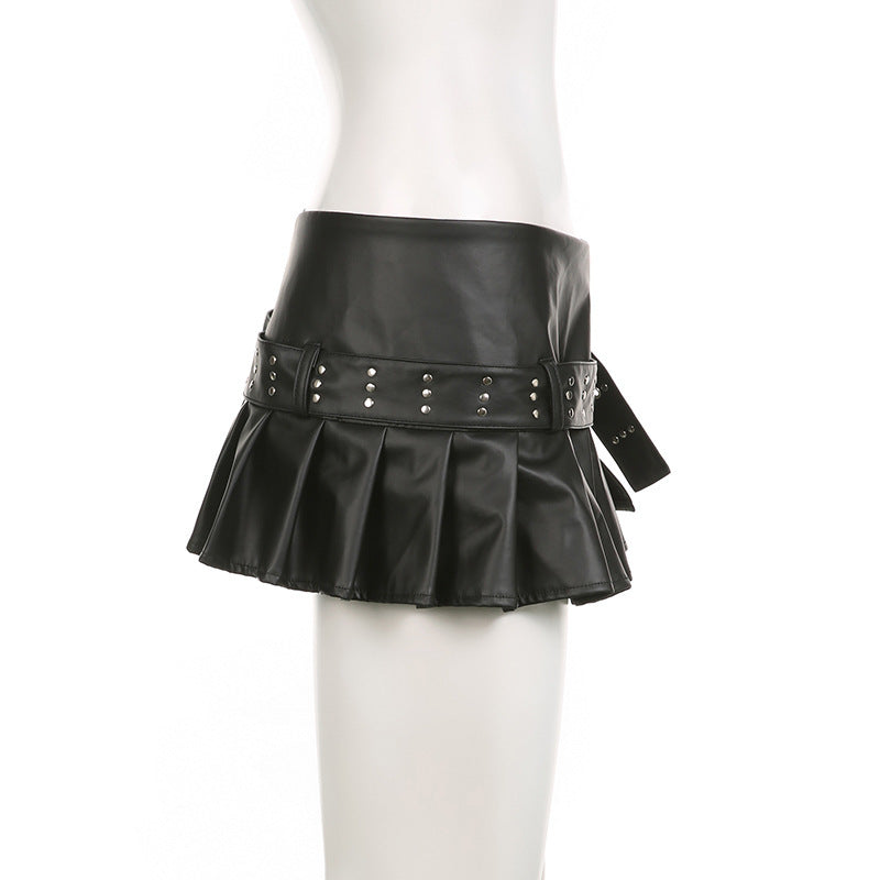 Imitation Leather Belted Mini Skirt