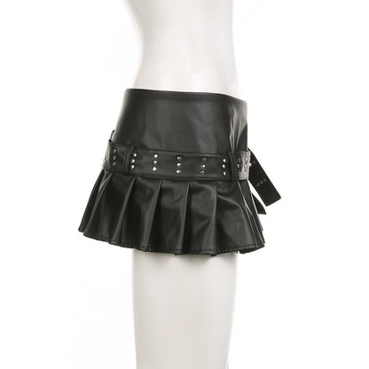 Imitation Leather Belted Mini Skirt