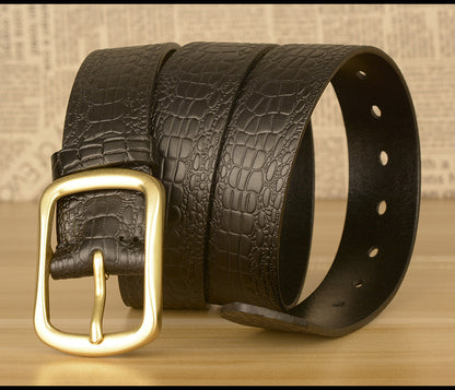 Men Leather Belt with Copper Buckle Crocodile Pattern