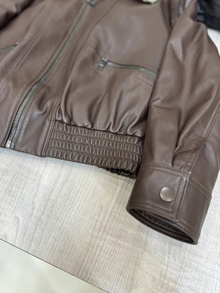 Women sheepskin leather bomber with wool collar