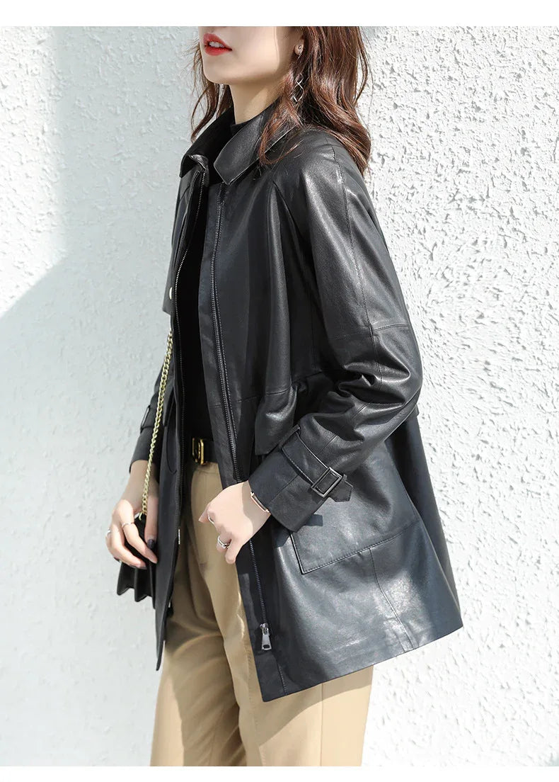 Women belt waist midi leather trench - Boho Living Room