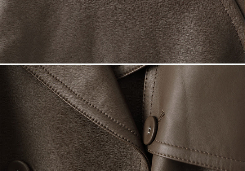 Women Leather Trench Coat Mid-Length Brown Coat