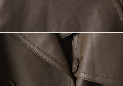 Mid length women leather trench jacket coat