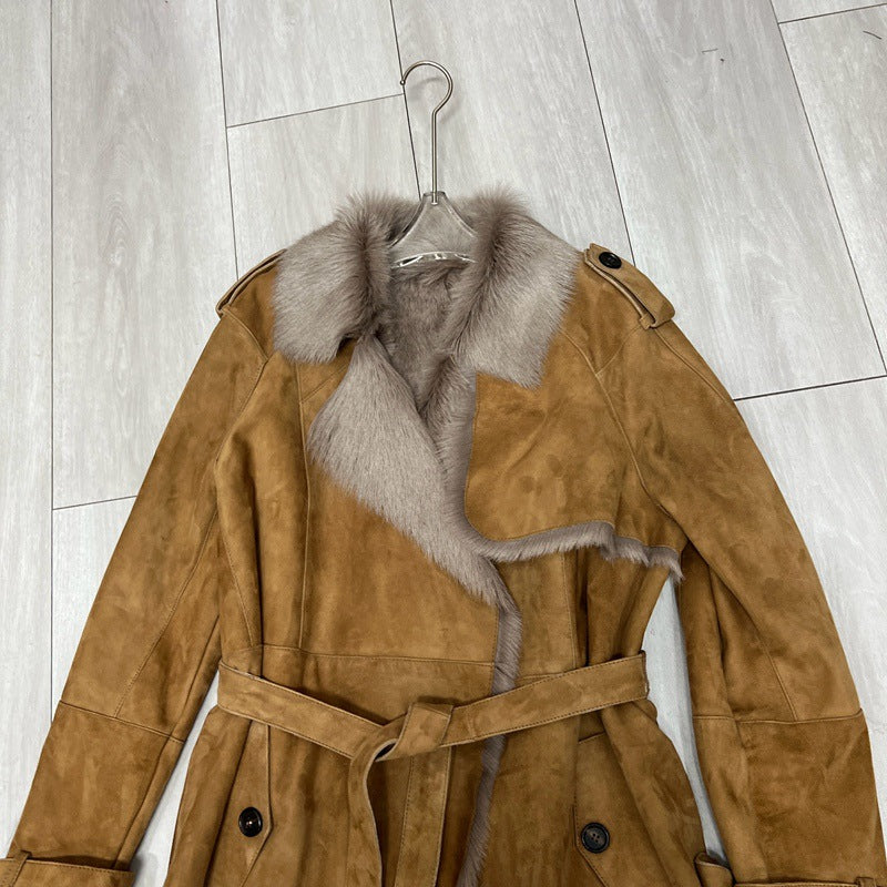 Women Brown Suede Jacket with Sheepskin Collar