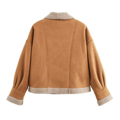 Retro camel shearling lapel winter coat women
