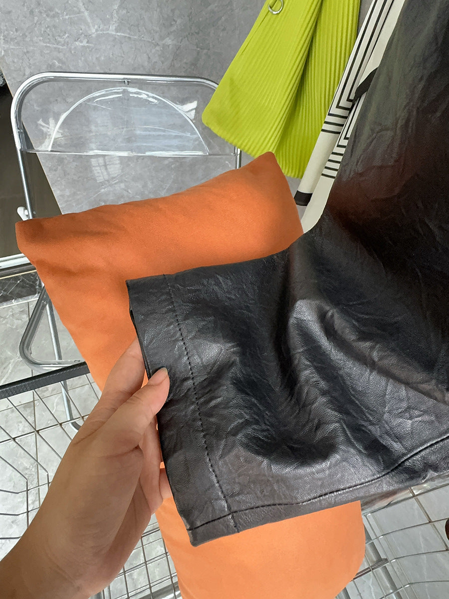 Women Genuine Leather Trousers Elastic Waist Carrot Pants