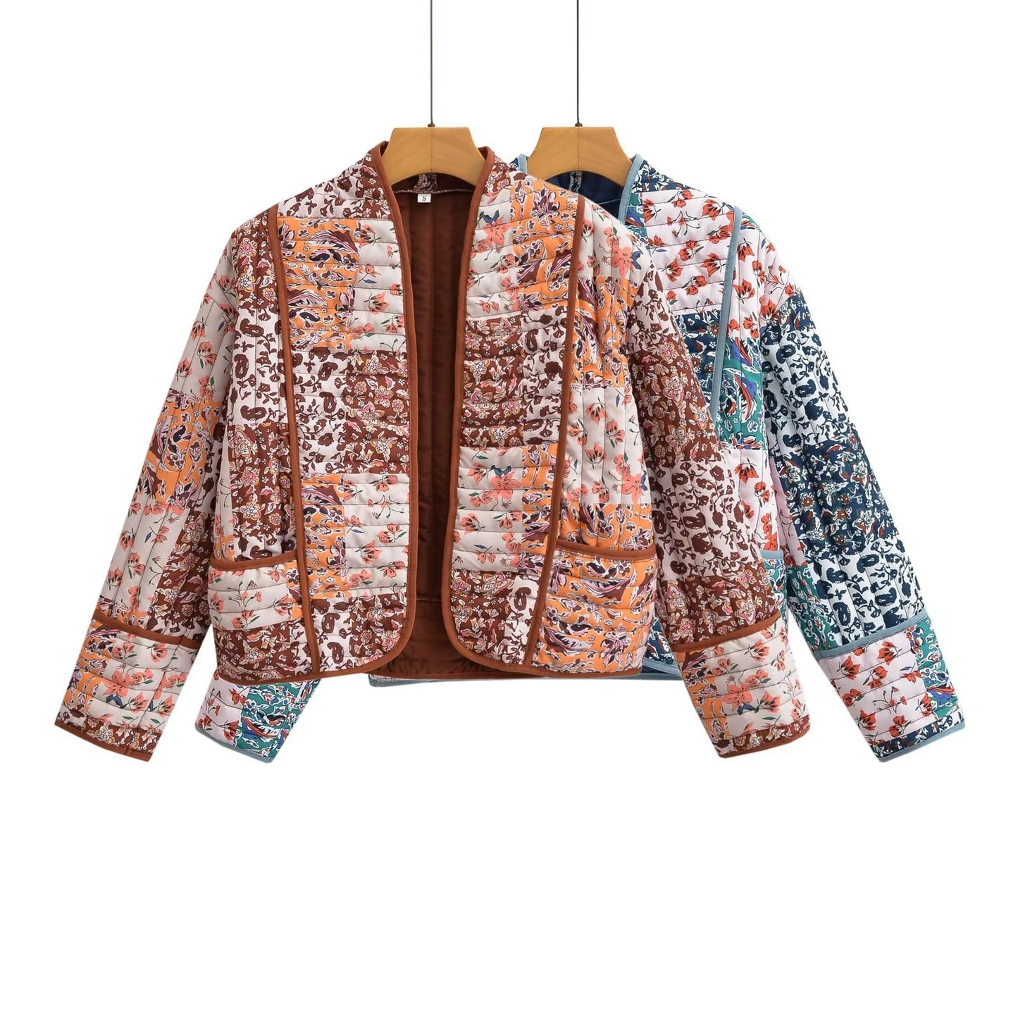 Women Patchwork Floral Print Woven Coat Quilted Polyester Jacket
