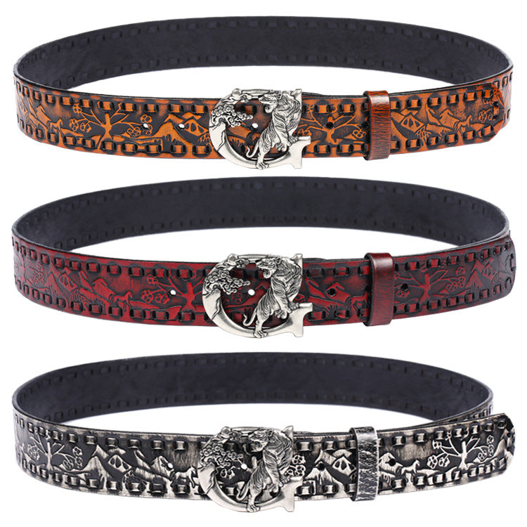 Women punk embossed leather tiger buckle belt