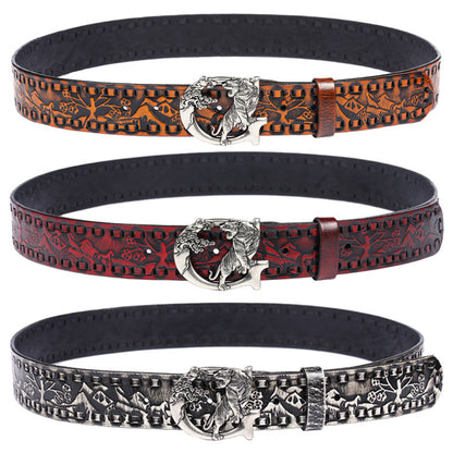 Women punk embossed leather tiger buckle belt