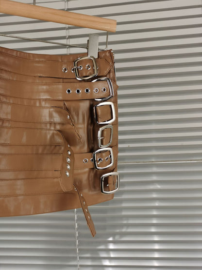 Women Faux Leather Buckle Mini Skirt Punk Motorcycle Bodycon