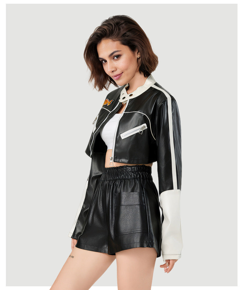 Black and White Cropped Faux Leather Biker Jacket for Women