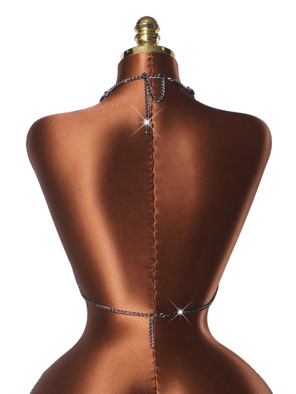Black Gemstone Bra Top with Layered Body Chains