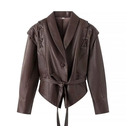 Faux Leather Jacket Women Belted Retro Wrap Style