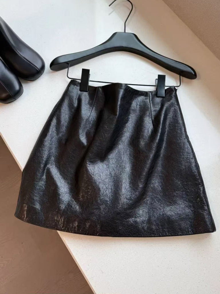 Women’s Leather Mini Skirt High Waist Oil Wax A-Line