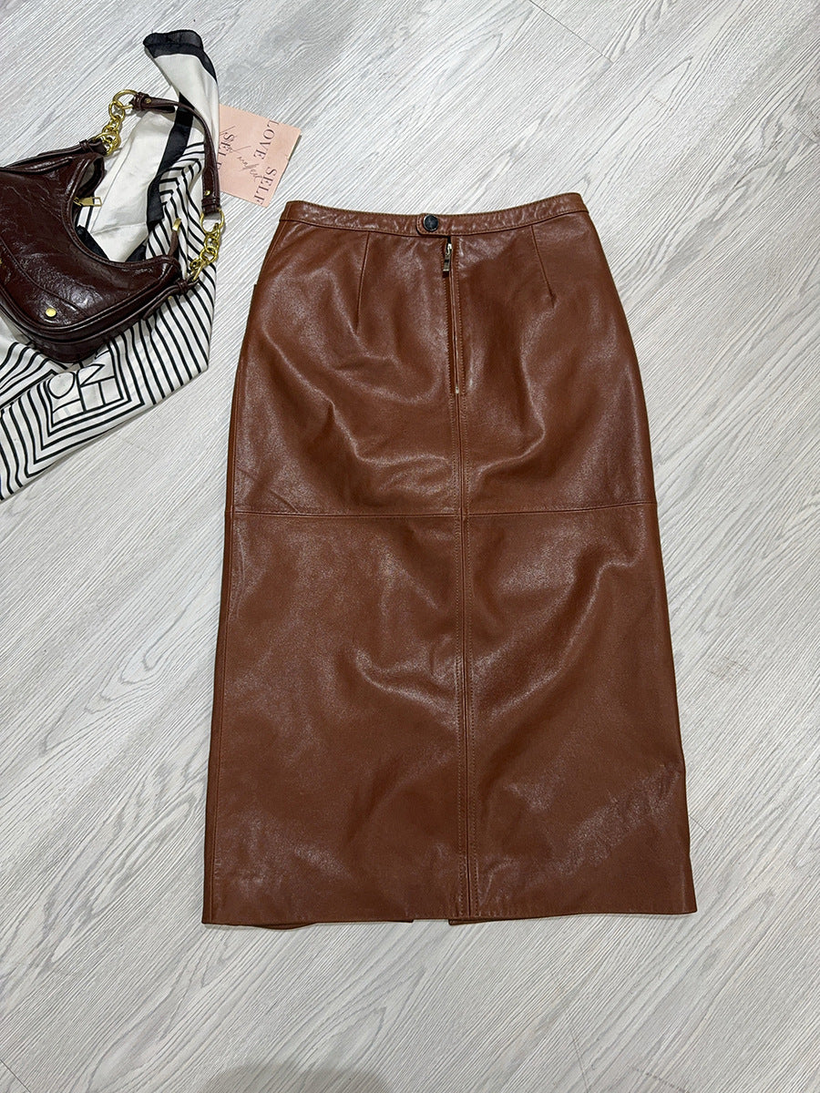 Women’s Real Leather Mid-Length Skirt with Back Slit