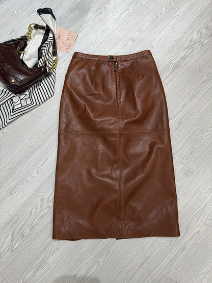 Women’s Real Leather Mid-Length Skirt with Back Slit