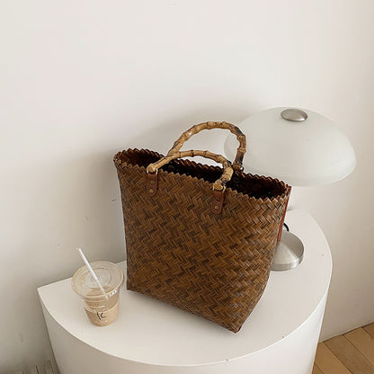 Large Rattan Beach Tote Bag with Bamboo Handles