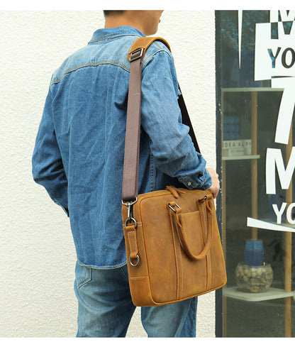 Genuine Leather Office Bag with Trolley Sleeve for Men