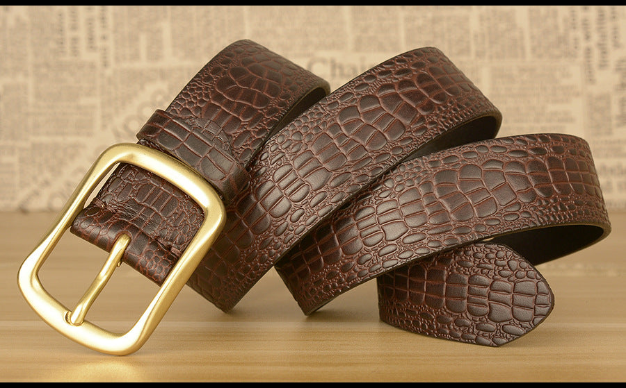 Men Leather Belt with Copper Buckle Crocodile Pattern