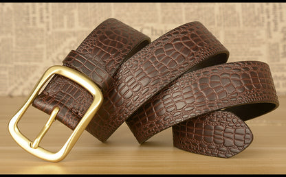Men Leather Belt with Copper Buckle Crocodile Pattern